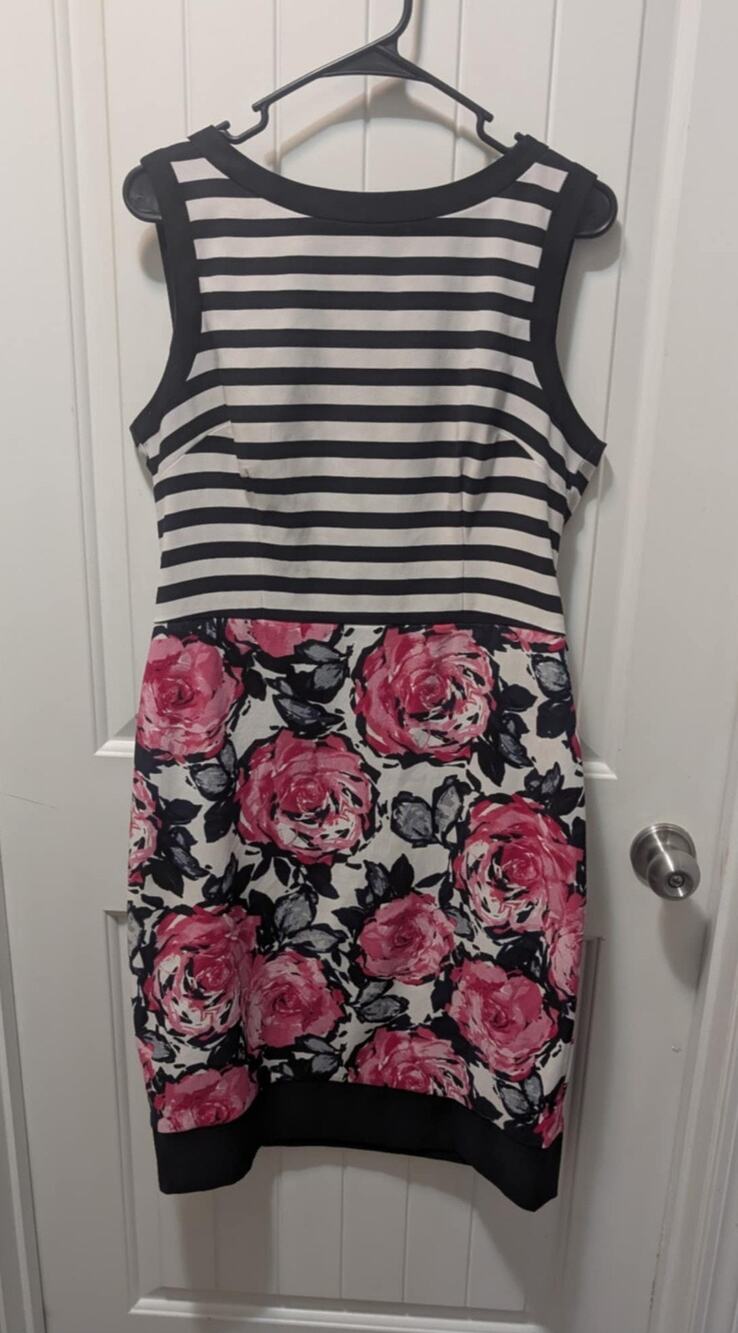 London Times Black Ivory Pink Stripe Rose Print Belt Work Summer Dress Size 12